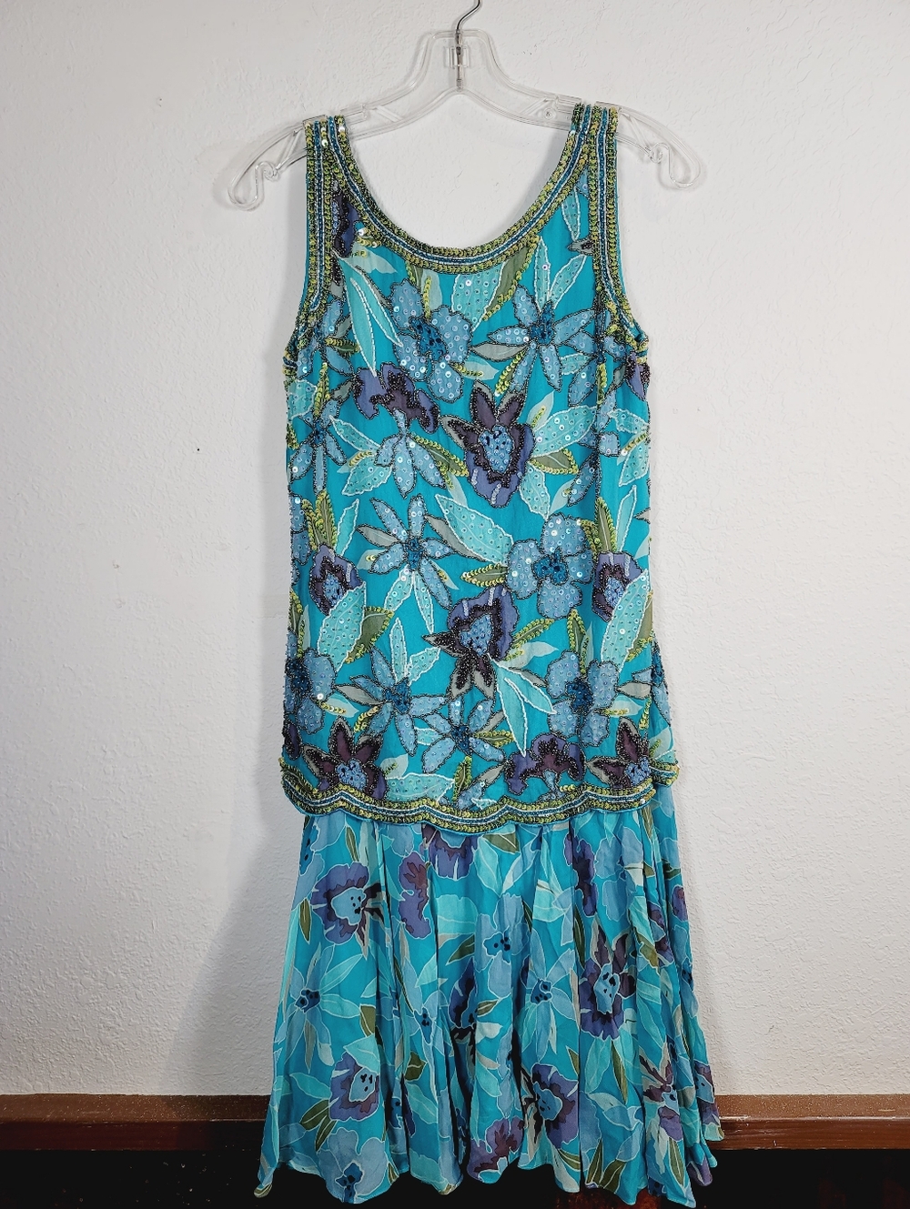Blacktie Turquoise Beaded Floral Drop Waist Midi Dress, Size 8